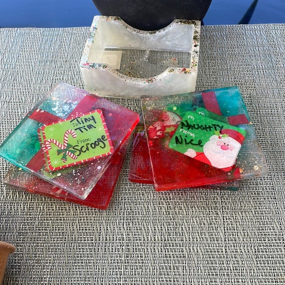 XMAS Handmade Fun and Festive Holiday Square Coaster Set and Holder - Picture 15 of 16